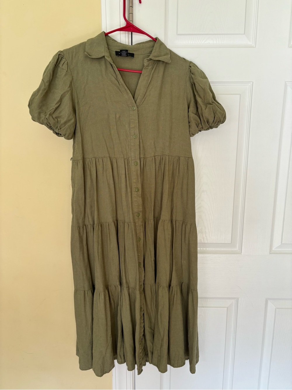 Tahari Olive Green Tiered Button-Front Midi Dress